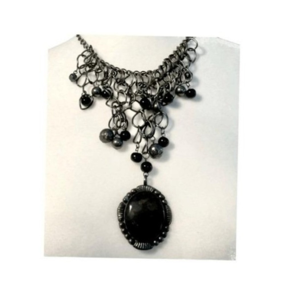 Beaded Statement Necklace Black Silver Tone Metal Pendent Choker Adjustable